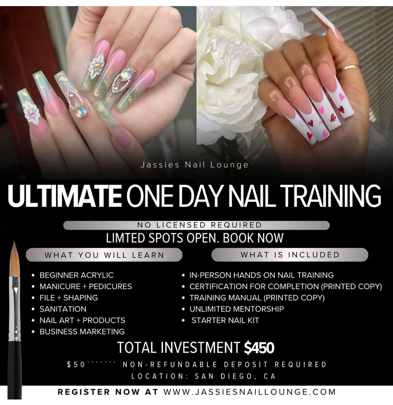 Flyer for Jassies Nail Lounge promoting an ultimate one-day nail training course. Features images of manicured nails with intricate designs and text details about the course content, cost, and registration