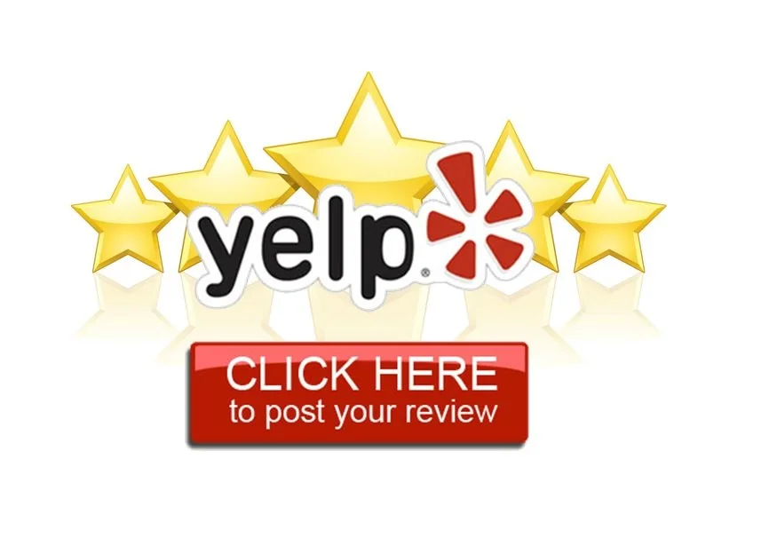 Yelp logo with five yellow stars behind it and a red button that says "Click Here to post your review."