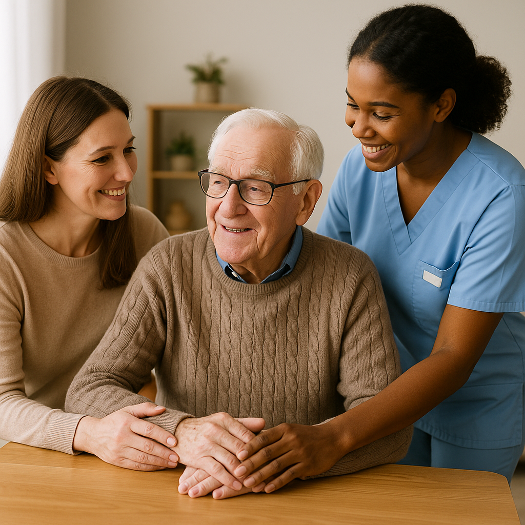 Senior at home with an adult child and professional caregiver planning continuous support