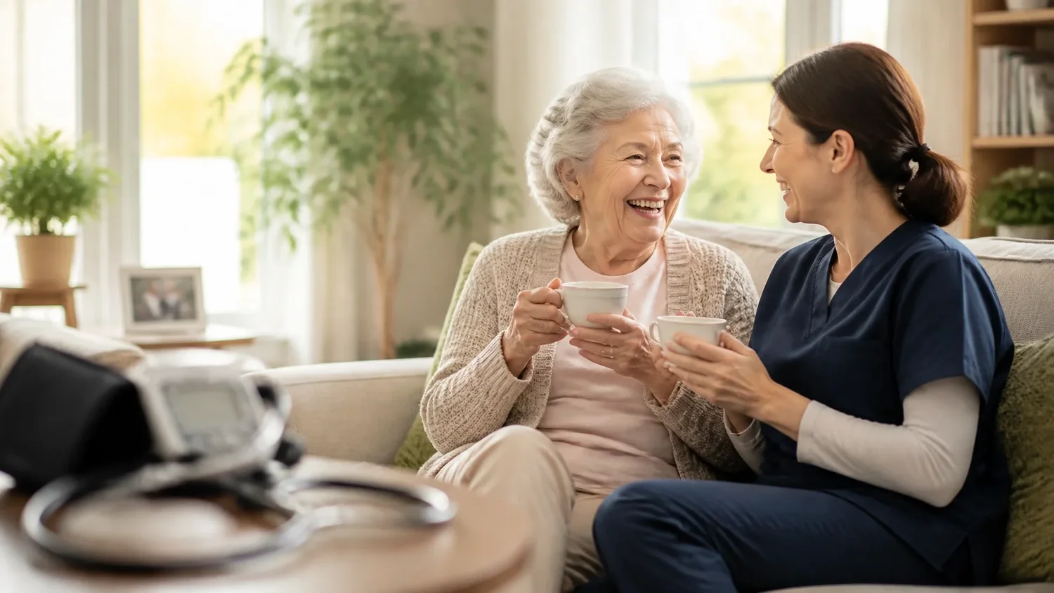Caregiver and senior sharing a comfortable moment at home