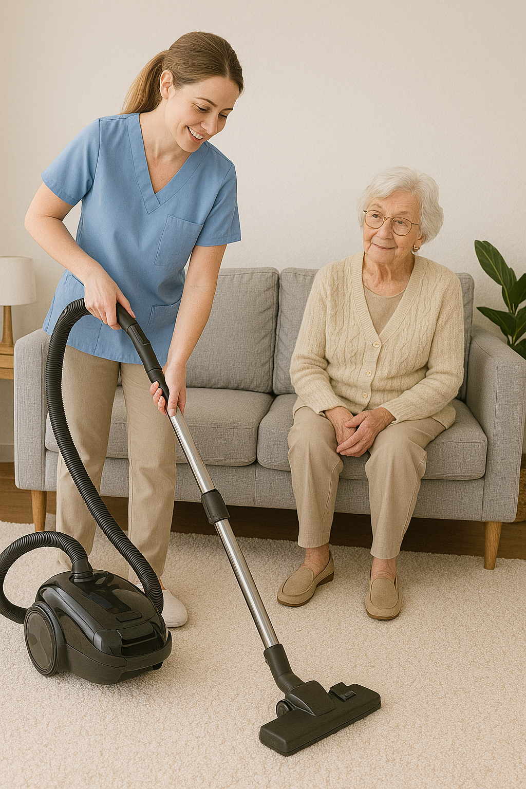 Caregiver helping an older woman maintain a comfortable home