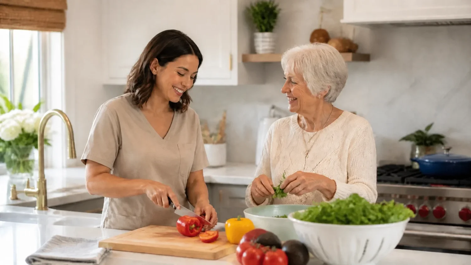Companion caregiver preparing lunch for an older adult at home