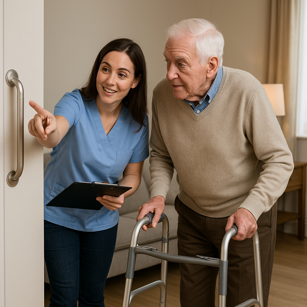 Family and care professional reviewing safety in an older adult's home