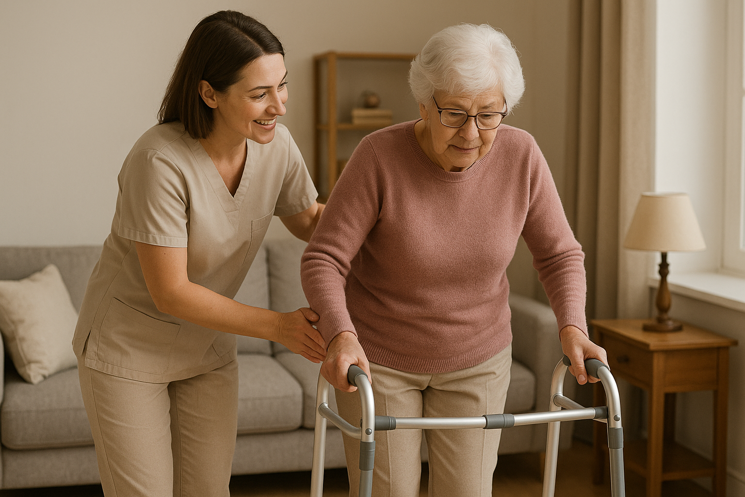 Caregiver helping an older woman move safely with a walker after returning home