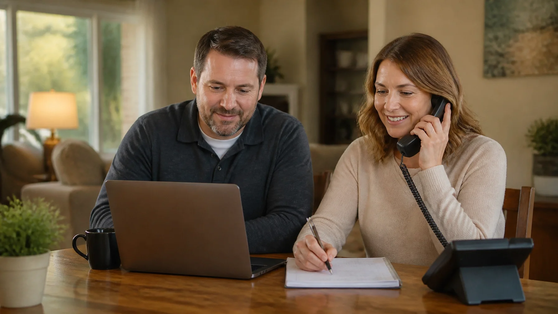 A man and woman sitting at a wooden table, working together with a laptop, phone, and notepad in a cozy living room.