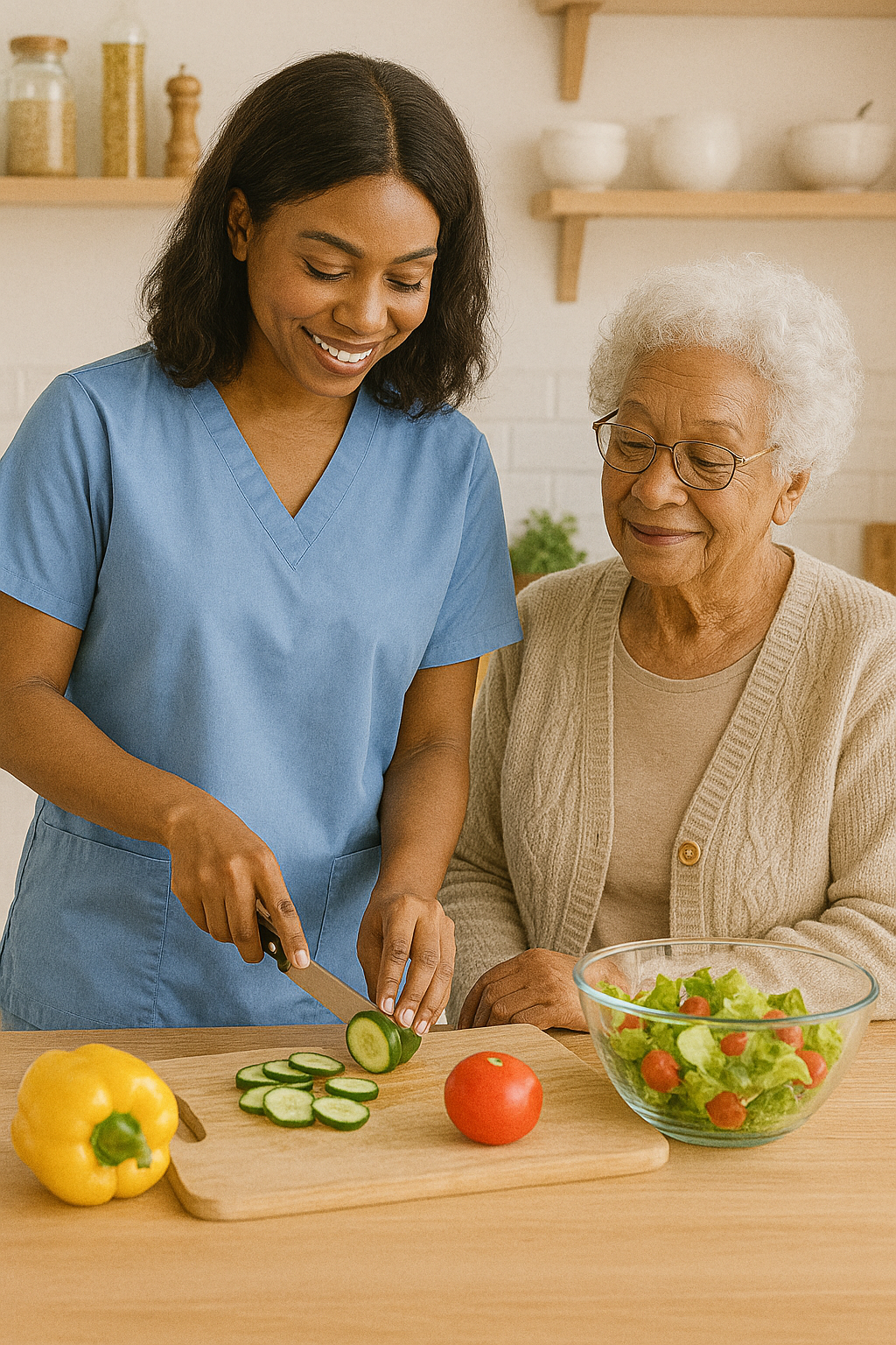 Caregiver preparing a fresh meal for a senior at home