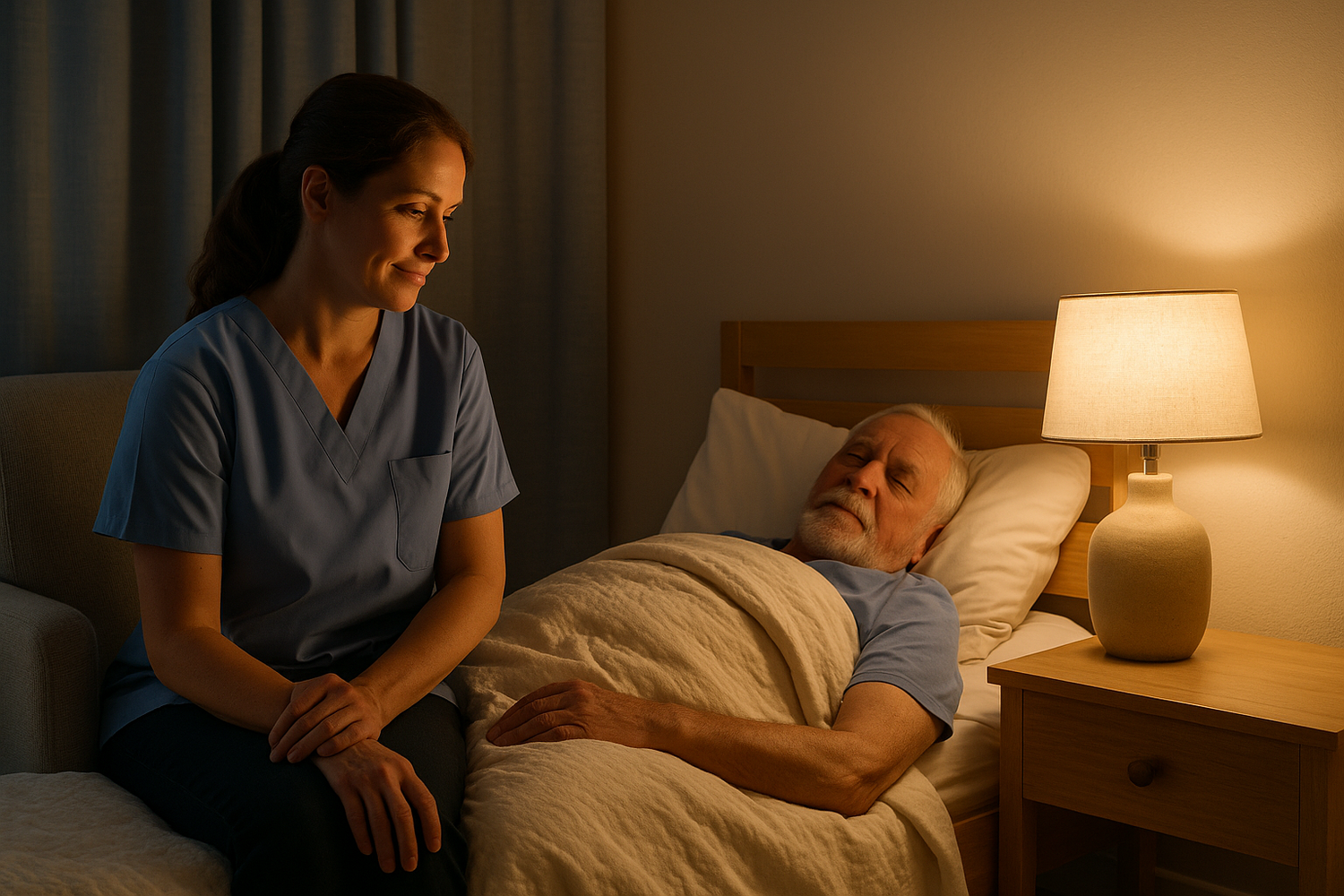 Caregiver providing attentive continuous support to a senior at home