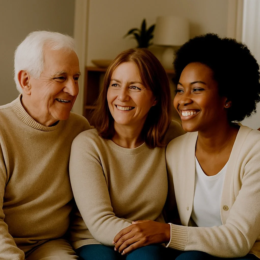 Older couple smiling with a caregiver at home