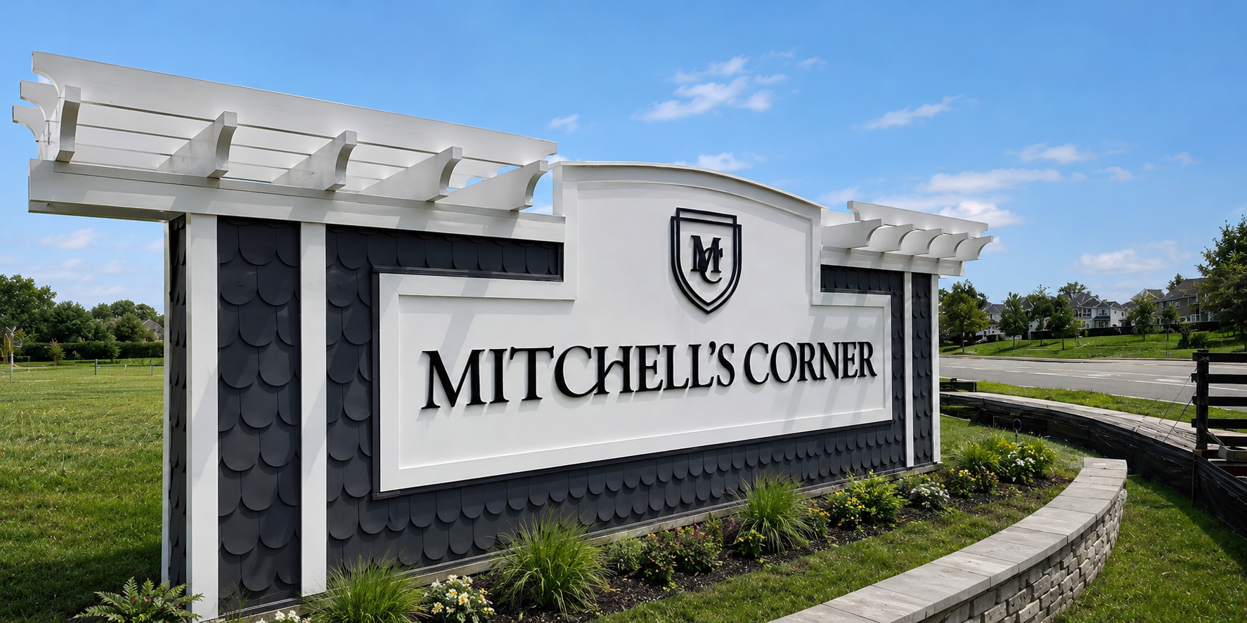 Custom dimensional lettering and logo on Mitchell’s Corner community monument entrance sign