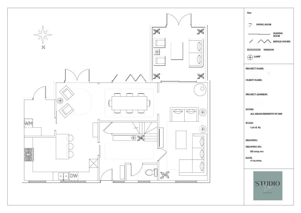 Blueprint of a residential layout featuring a living room, dining area, kitchen, and bathroom. The design includes furniture placement, such as sofas, dining table, and beds, along with doors and windows. The layout key describes symbols for doors, windows, and lamps. Additional project details are provided on the right side of the blueprint.