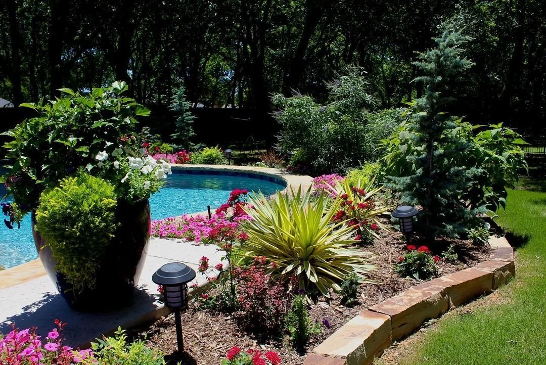 A backyard garden with a swimming pool surrounded by lush greenery, colorful flowers, small trees, and a brick border.