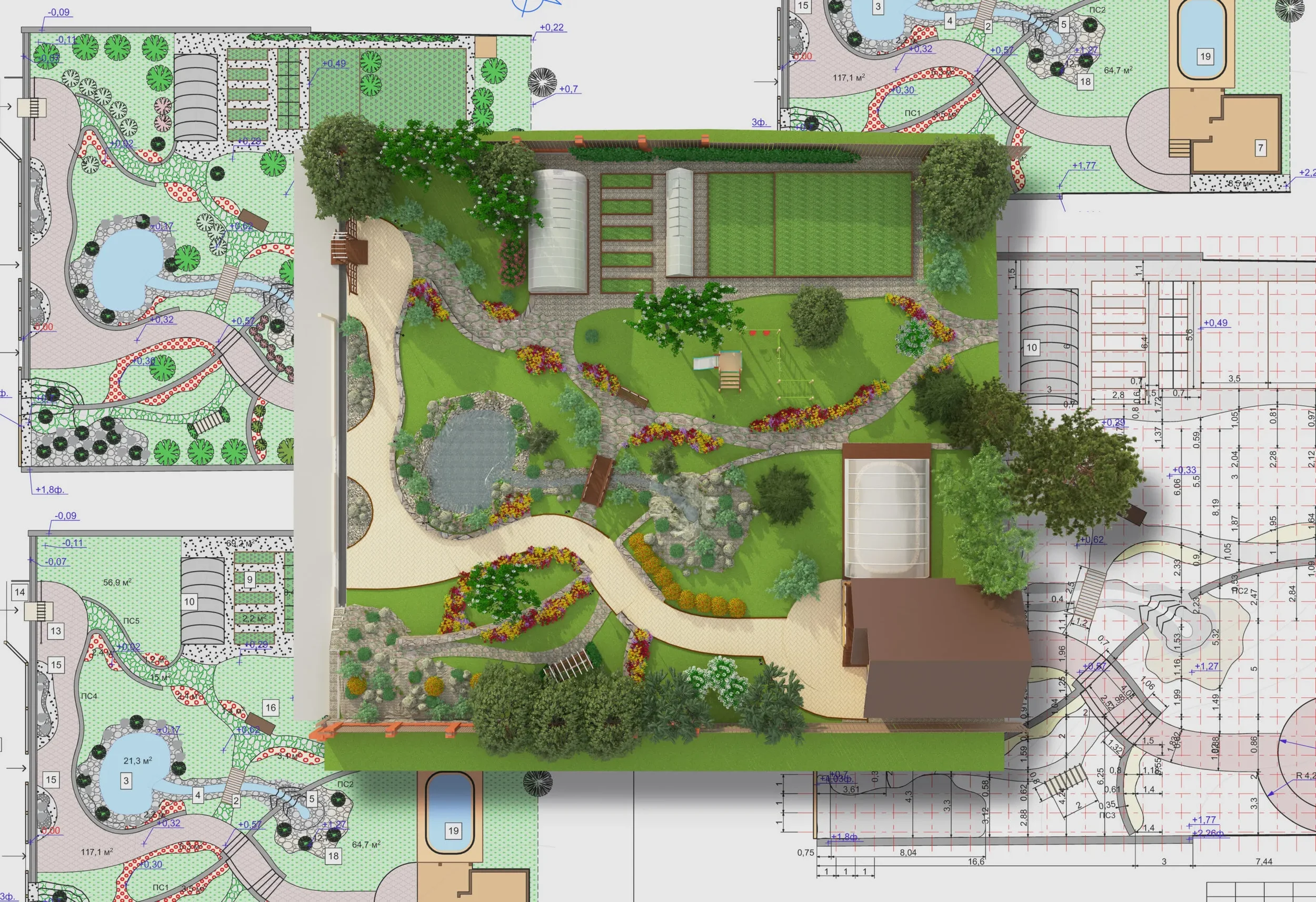 A detailed landscape design plan showing various garden features, pathways, trees, a pond, a playground, a greenhouse, and parking areas, overlaid on technical blueprints and measurements.