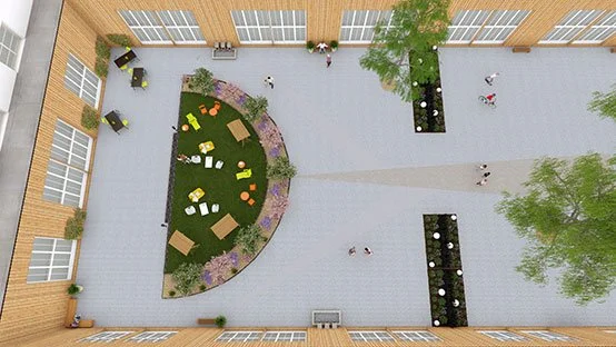 Bird's eye view of a school courtyard with children playing, outdoor seating, trees, and potted plants.