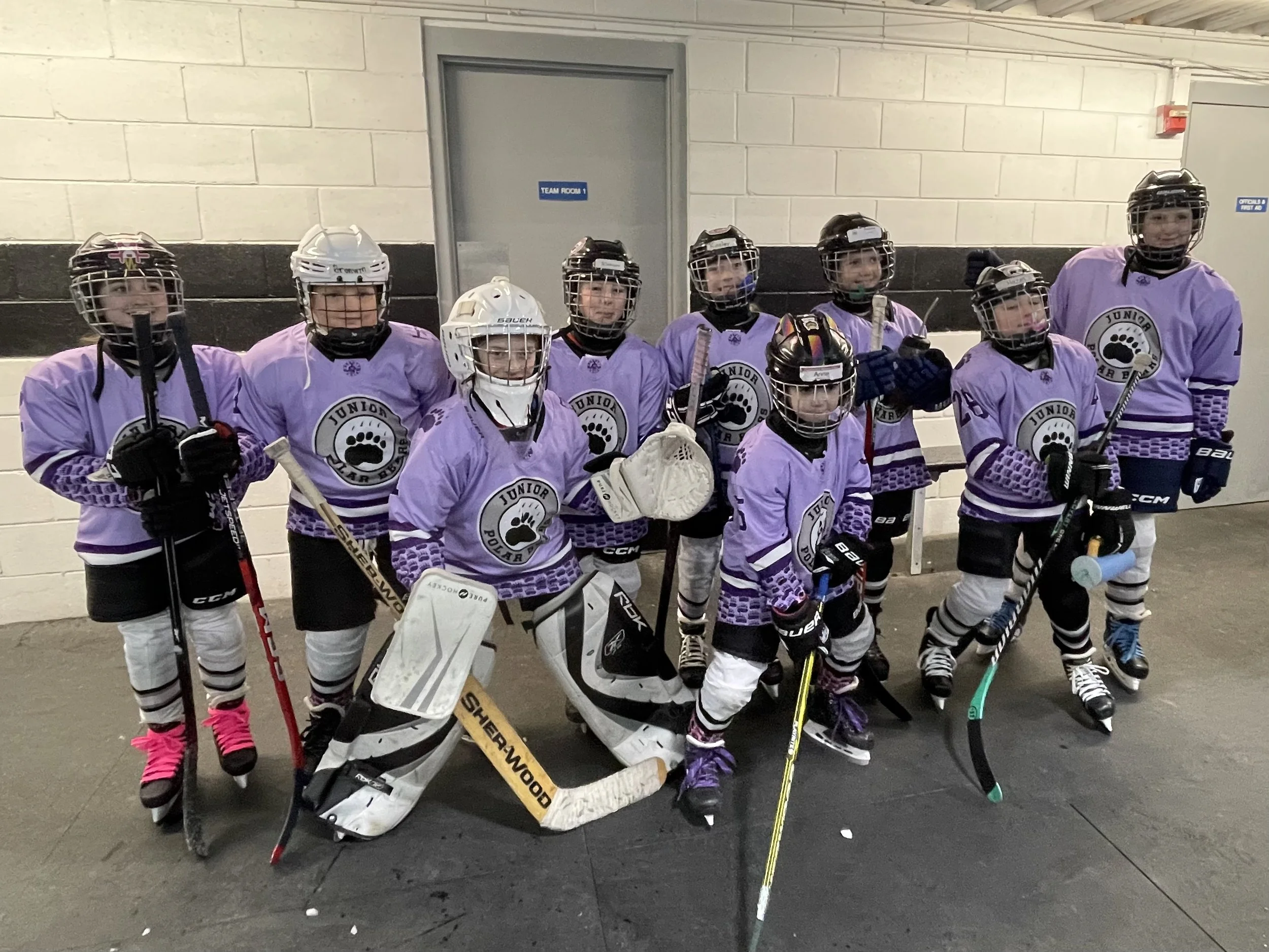 Youth hockey team in purple jerseys with 'Junior Paw Patrol' logo, wearing helmets and skates, posing indoors with hockey sticks.