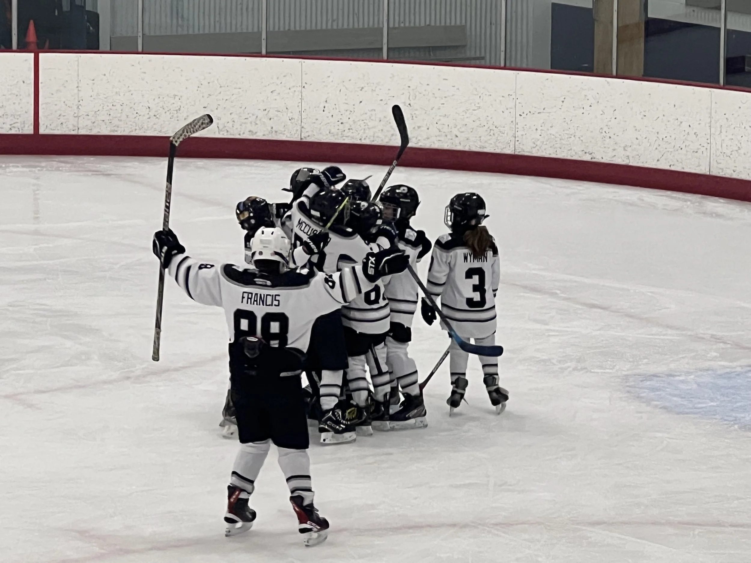 A group of ice hockey players celebrating a goal on the ice rink, wearing white jerseys with black stripes, helmets, and hockey skates.