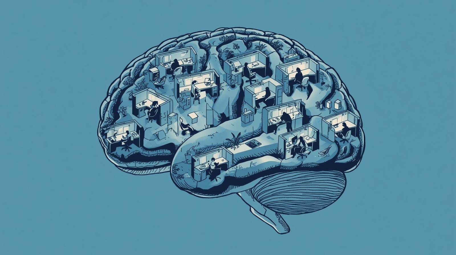 artist drawing of a brain with an office of cubicles in it