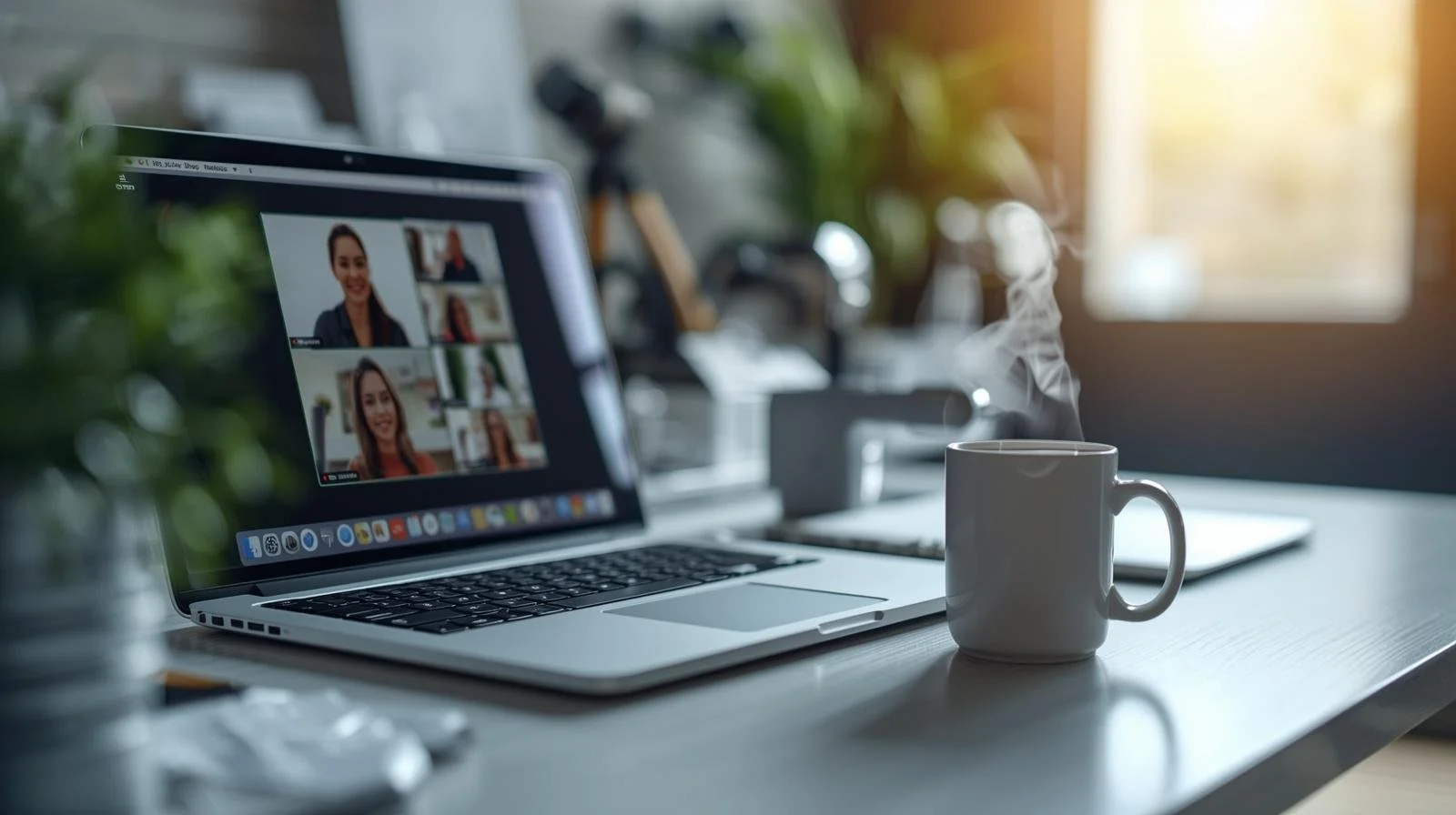 picture of desk with coffee and open computer on a zoom call