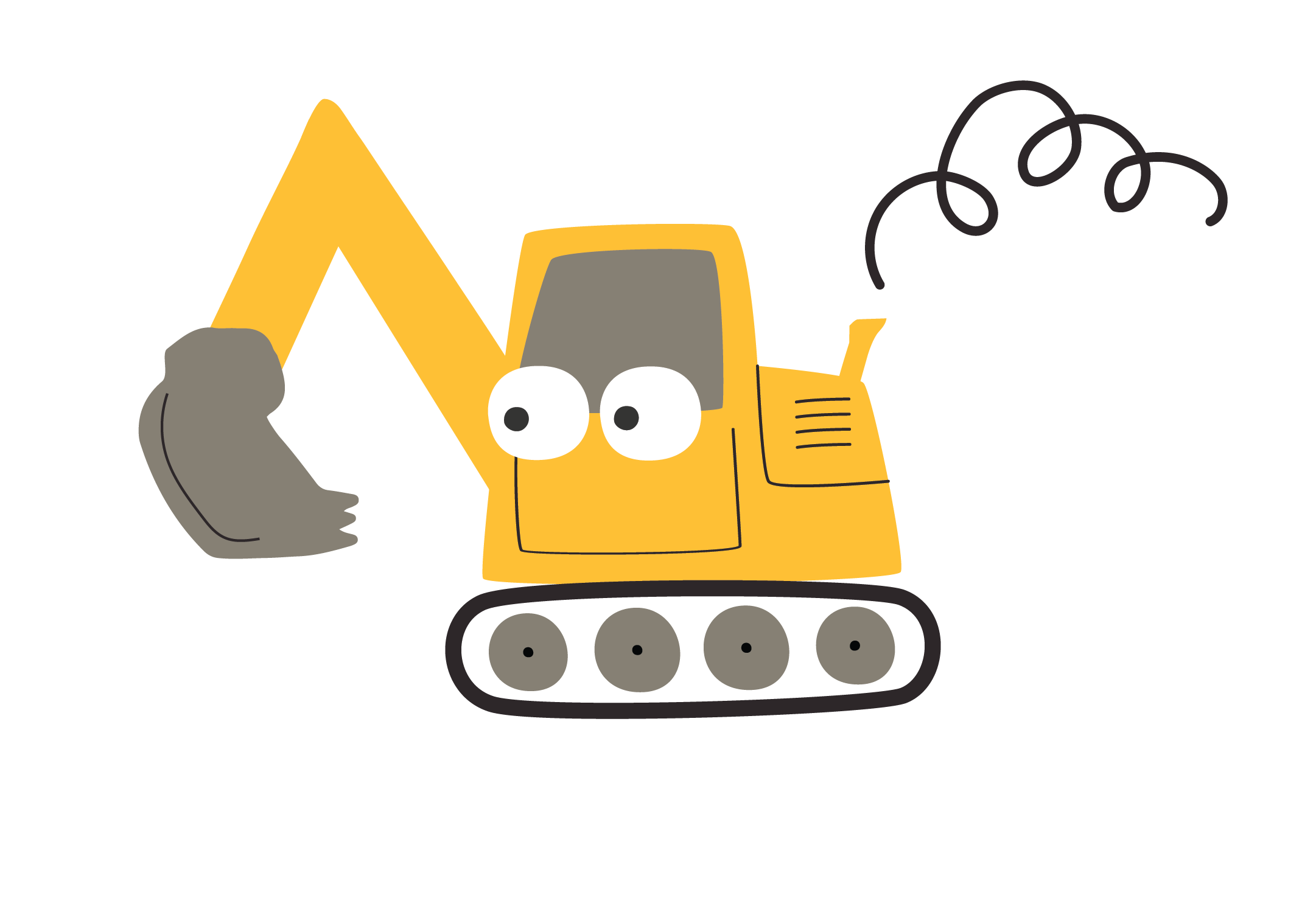 Cartoon yellow excavator with eyes and a smiling expression on a black background.