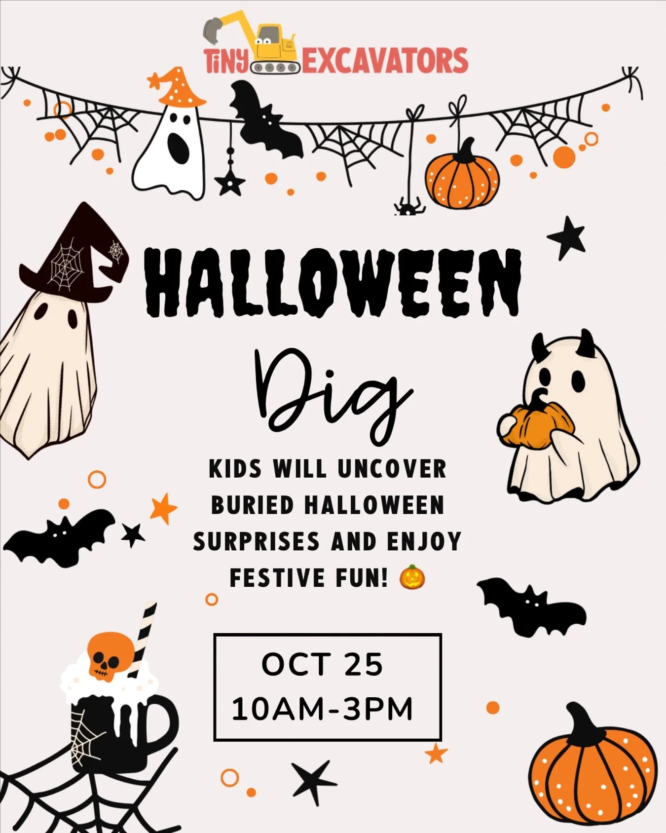 🎃 Halloween Dig at Tiny Excavators! 

Join us Saturday, October 25th between 10AM&ndash;3PM for a day full of festive fun! 👻

Kids will uncover buried Halloween surprises in the sand and enjoy spooky-season playtime!

🔸 No registration required &m