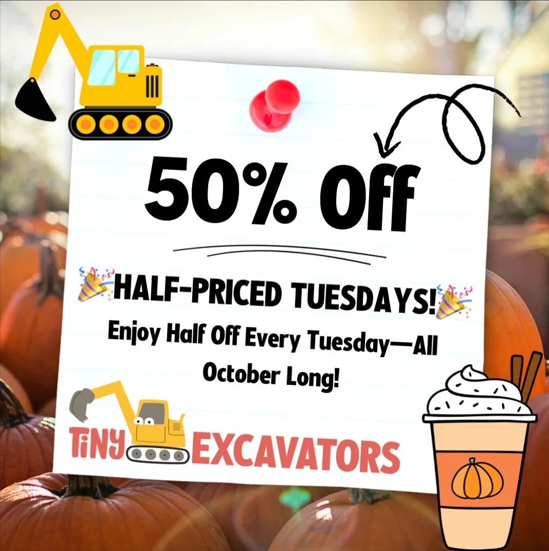 🚜 Only TWO Half-Priced Tuesdays left! 👷&zwj;♀️

Don&rsquo;t miss your chance to dig, build, and play for half the price at Tiny Excavators!

Bring your crew and enjoy an afternoon of sandy fun before this deal wraps up for the season.

☕ Free coffe