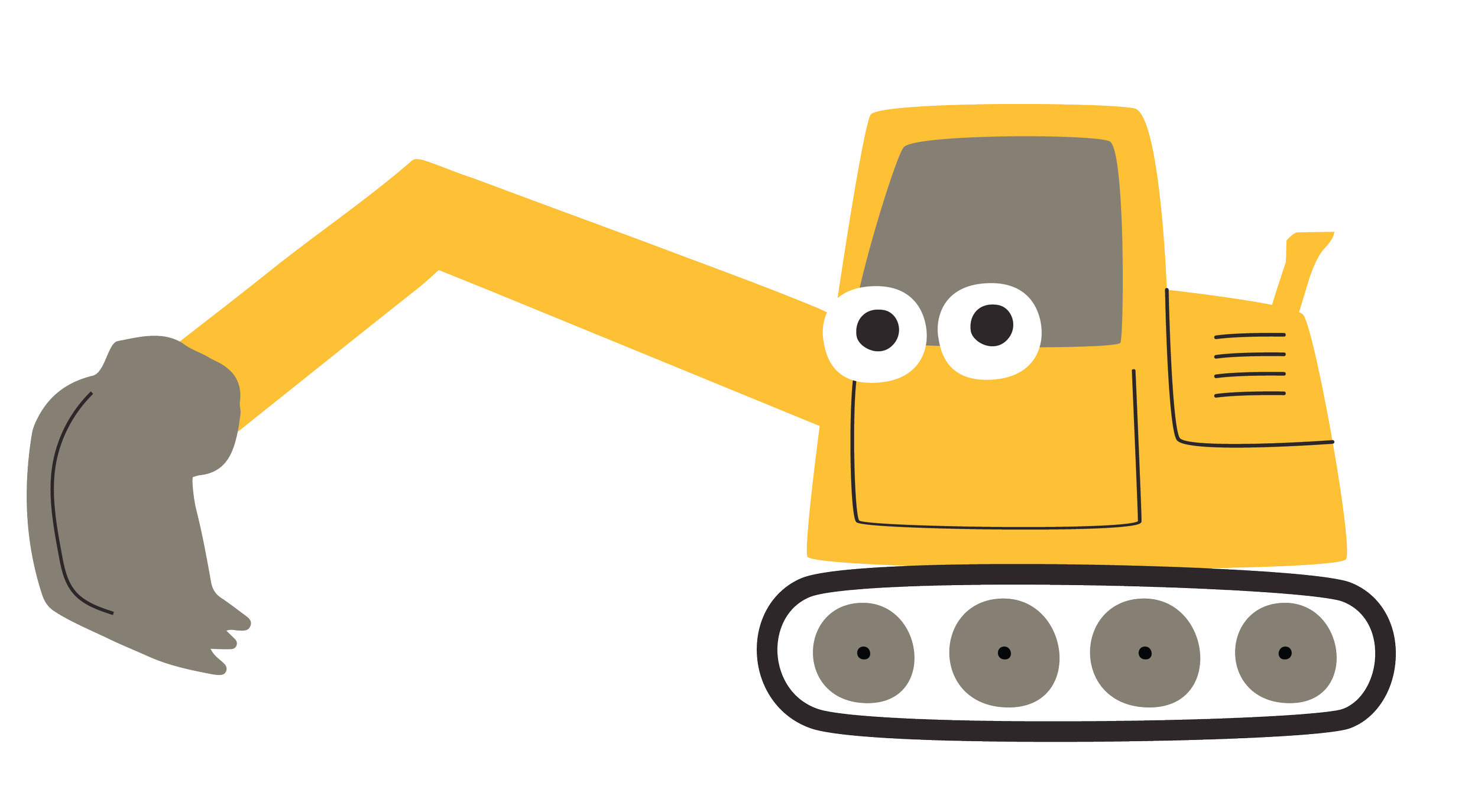 Cartoon of a yellow excavator with eyes on a white background.