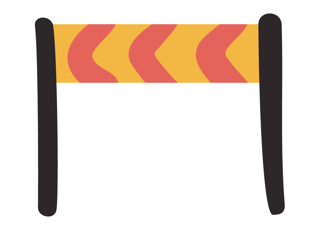 Illustration of a construction barricade with black posts and a yellow and red striped top.