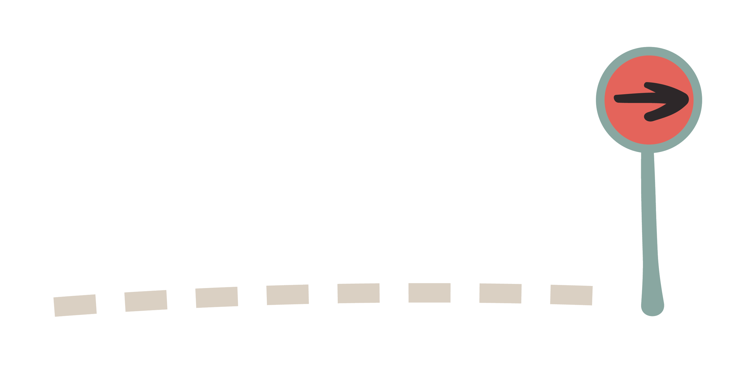 Illustration of a red circular sign with a black right-pointing arrow on a gray pole, next to a dashed line.