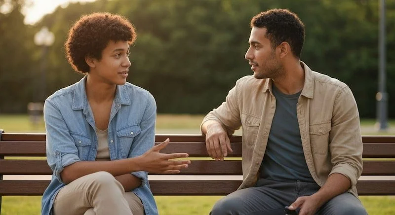 Two male friends talking on a bench