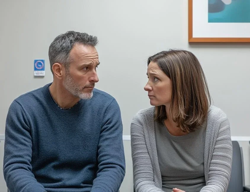 a couple waiting in a doctors office