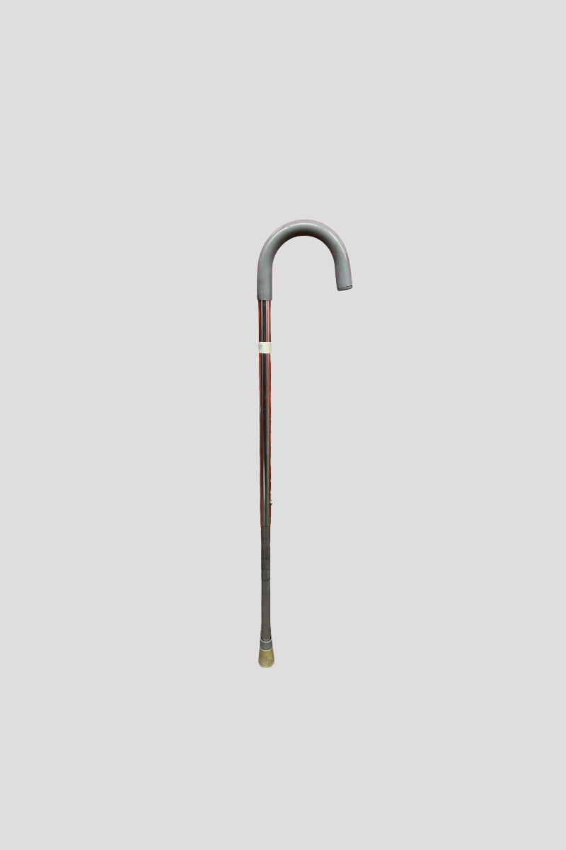 A gray, curved cane standing upright in front of a bright red, closed roll-up door with horizontal ridges.
