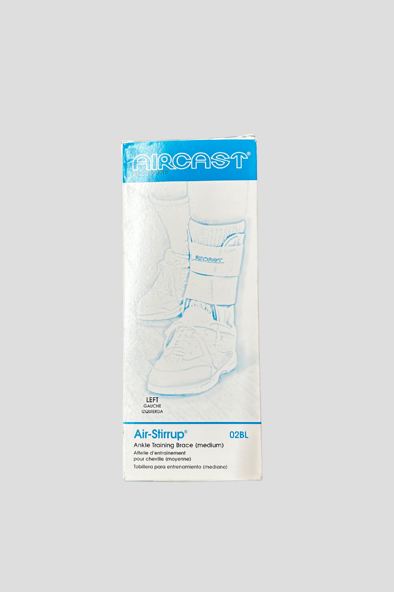 Box of Aircast ankle training brace with a sketch of a foot wearing the brace on the front