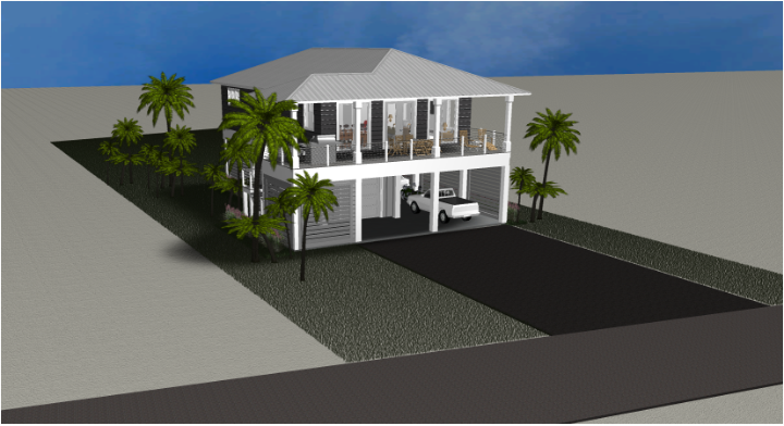 Modern beach or vacation house 3D rendering designed by the architecture firm Born Architects, which serves the northwestern Florida area including Port St. Joe, Gulf Breeze, St. George Island, Cape San Blas, Mexico Beach, and the Emerald Coast.