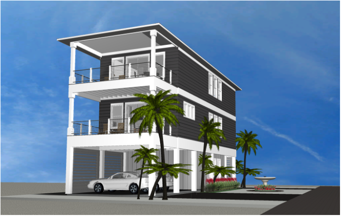 Modern beach or vacation house 3D rendering designed by the architecture firm Born Architects, which serves residential builders in the northwestern Florida area including Port St. Joe, Gulf Breeze, St. George Island, Cape San Blas, Mexico Beach, and