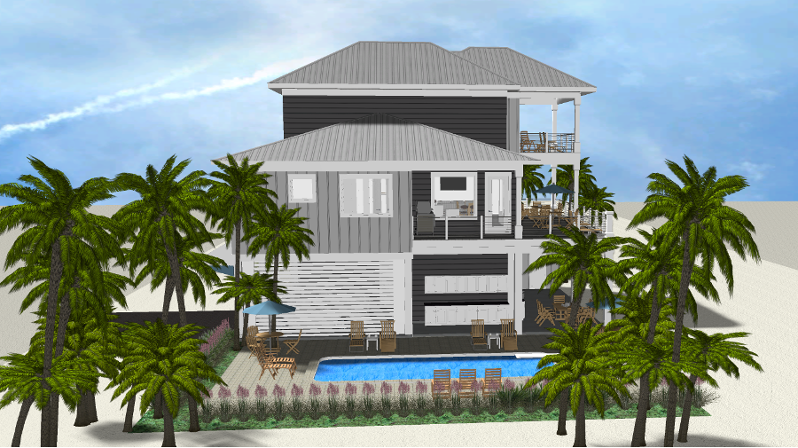 Modern beach or vacation house 3D rendering designed by the architecture firm Born Architects, which serves residential builders in the northwestern Florida area including Port St. Joe, Gulf Breeze, St. George Island, Cape San Blas, Mexico Beach, and