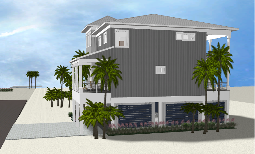 Modern beach or vacation house 3D rendering designed by the architecture firm Born Architects, which serves the northwestern Florida area including Port St. Joe, Gulf Breeze, St. George Island, Cape San Blas, Mexico Beach, and the Emerald Coast.