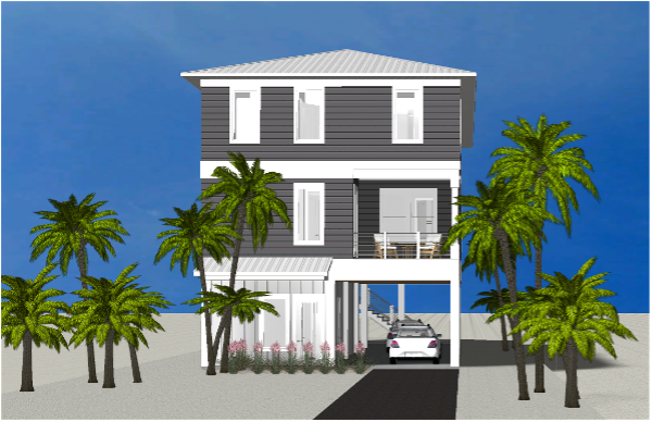 Modern beach or vacation house 3D rendering designed by the architecture firm Born Architects, which serves residential builders in the northwestern Florida area including Port St. Joe, Gulf Breeze, St. George Island, Cape San Blas, Mexico Beach, and