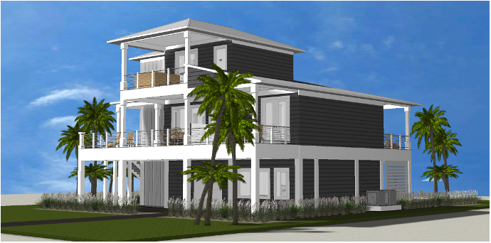Modern beach or vacation house with a pool 3D rendering designed by the architecture firm Born Architects, which serves the northwestern Florida area including Port St. Joe, Gulf Breeze, St. George Island, Cape San Blas, Mexico Beach, and the Emerald
