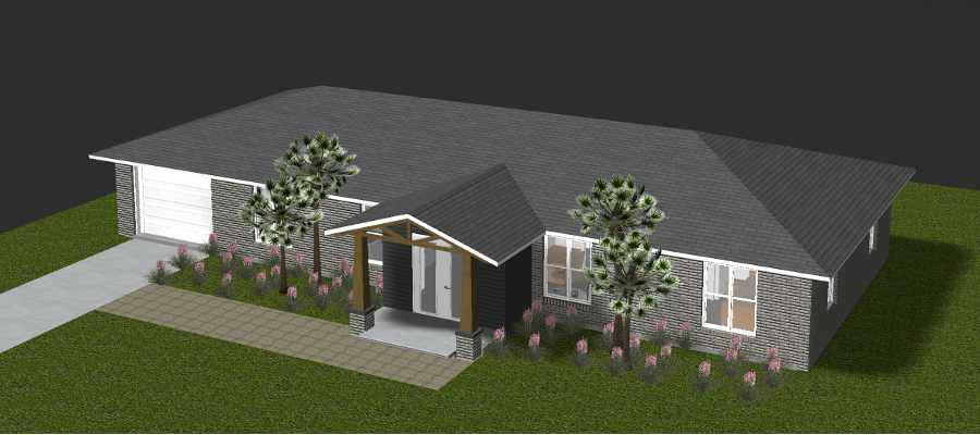 Modern single story brick beach or vacation house 3D rendering designed by the architecture firm Born Architects, which serves residential builders in the northwestern Florida area including Port St. Joe, Gulf Breeze, St. George Island, Cape San Blas