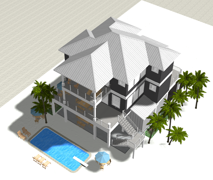 Modern beach or vacation house with a pool 3D rendering designed by the architecture firm Born Architects, which serves residential builders in the northwestern Florida area including Port St. Joe, Gulf Breeze, St. George Island, Cape San Blas, Mexic