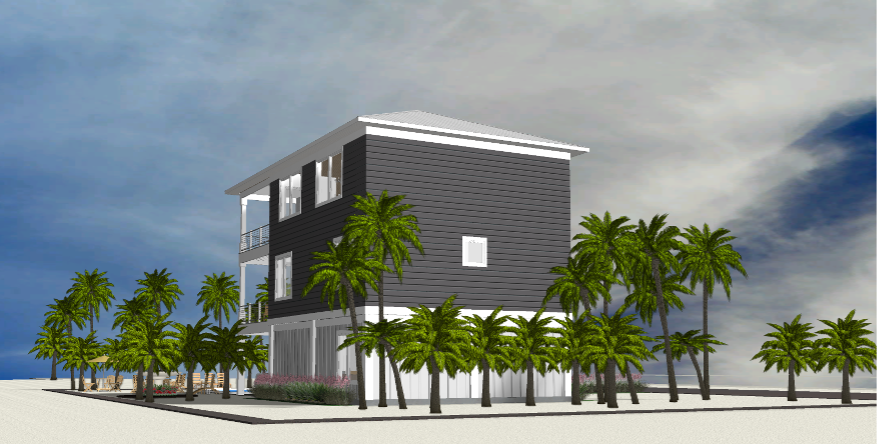 Modern beach or vacation house 3D rendering designed by the architecture firm Born Architects, which serves residential builders in the northwestern Florida area including Port St. Joe, Gulf Breeze, St. George Island, Cape San Blas, Mexico Beach, and