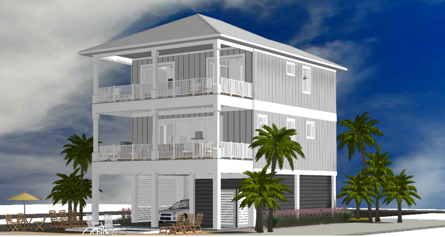 Modern beach or vacation house 3D rendering designed by the architecture firm Born Architects, which serves the northwestern Florida area including Port St. Joe, Gulf Breeze, St. George Island, Cape San Blas, Mexico Beach, and the Emerald Coast.