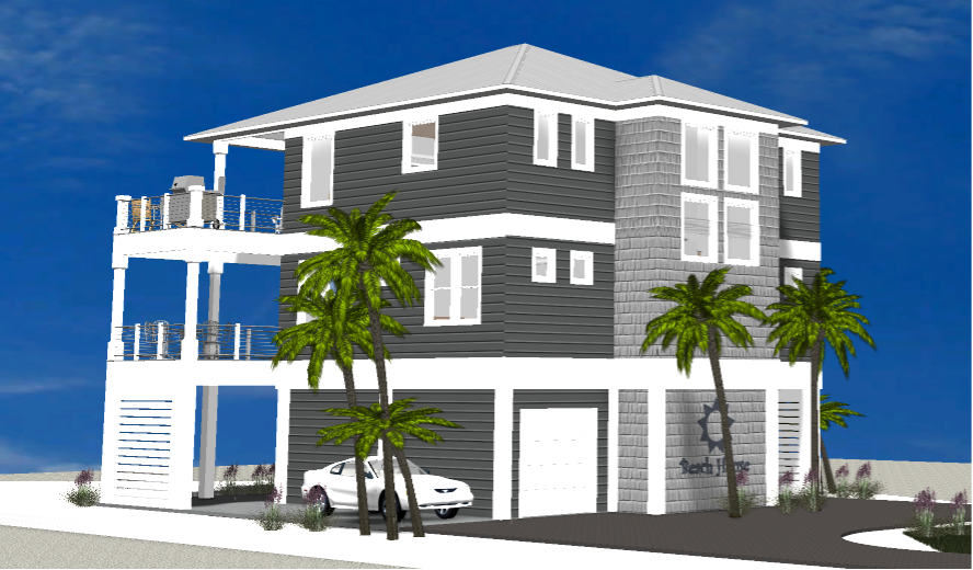 Modern beach or vacation house 3D rendering designed by the architecture firm Born Architects, which serves residential builders in the northwestern Florida area including Port St. Joe, Gulf Breeze, St. George Island, Cape San Blas, Mexico Beach, and