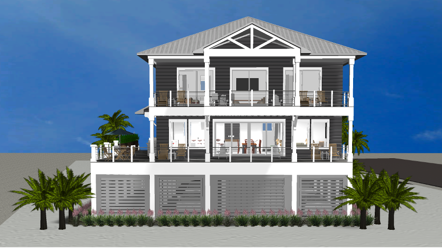 Modern beach or vacation house 3D rendering designed by the architecture firm Born Architects, which serves the northwestern Florida area including Port St. Joe, Gulf Breeze, St. George Island, Cape San Blas, Mexico Beach, and the Emerald Coast.