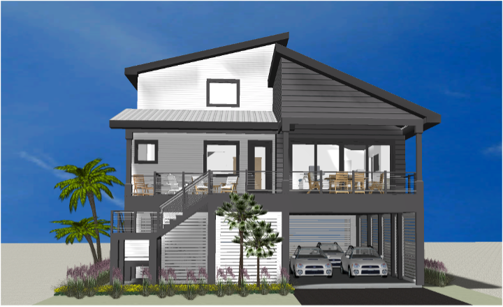 Modern beach or vacation house 3D rendering designed by the architecture firm Born Architects, which serves residential builders in the northwestern Florida area including Port St. Joe, Gulf Breeze, St. George Island, Cape San Blas, Mexico Beach, and