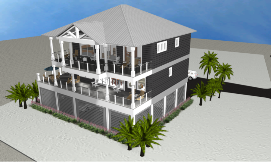 Modern beach or vacation house 3D rendering designed by the architecture firm Born Architects, which serves the northwestern Florida area including Port St. Joe, Gulf Breeze, St. George Island, Cape San Blas, Mexico Beach, and the Emerald Coast.