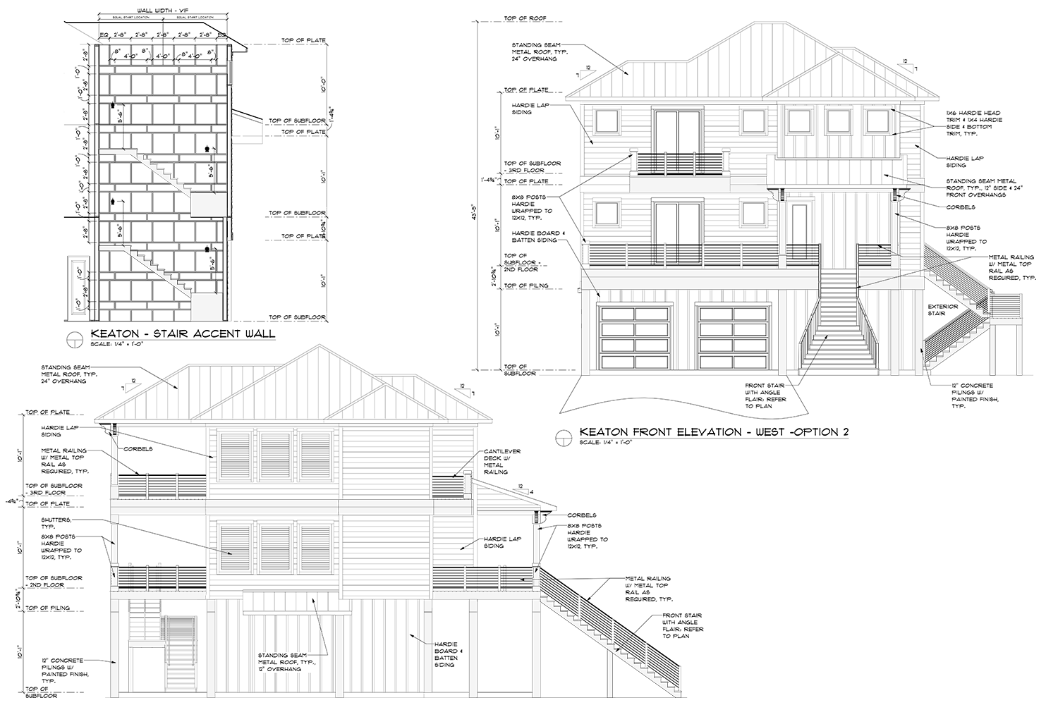 Architectural blueprint with floor levels and staircase designs.