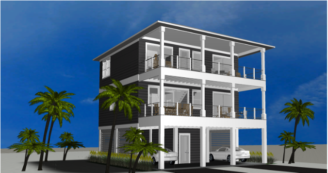 Modern beach or vacation house 3D rendering designed by the architecture firm Born Architects, which serves residential builders in the northwestern Florida area including Port St. Joe, Gulf Breeze, St. George Island, Cape San Blas, Mexico Beach, and