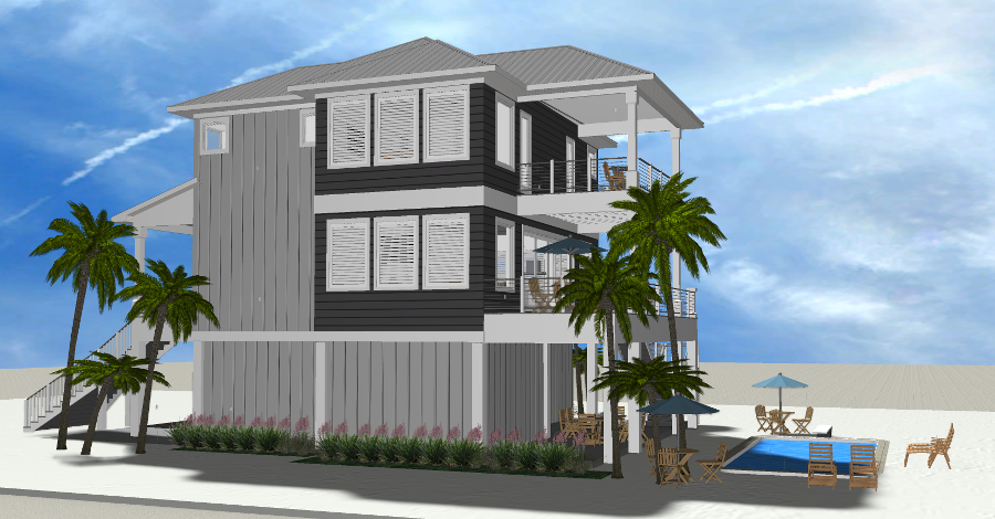 Modern beach or vacation house with a pool 3D rendering designed by the architecture firm Born Architects, which serves residential builders in the northwestern Florida area including Port St. Joe, Gulf Breeze, St. George Island, Cape San Blas, Mexic