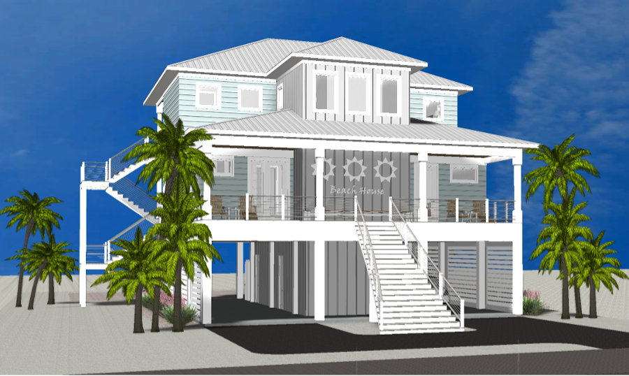Modern beach or vacation house 3D rendering designed by the architecture firm Born Architects, which serves residential builders in the northwestern Florida area including Port St. Joe, Gulf Breeze, St. George Island, Cape San Blas, Mexico Beach, and