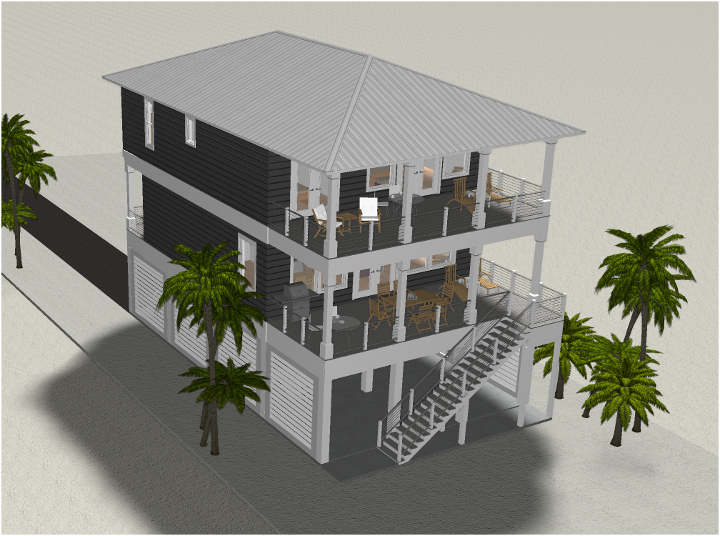 Modern beach or vacation house 3D rendering designed by the architecture firm Born Architects, which serves residential builders in the northwestern Florida area including Port St. Joe, Gulf Breeze, St. George Island, Cape San Blas, Mexico Beach, and
